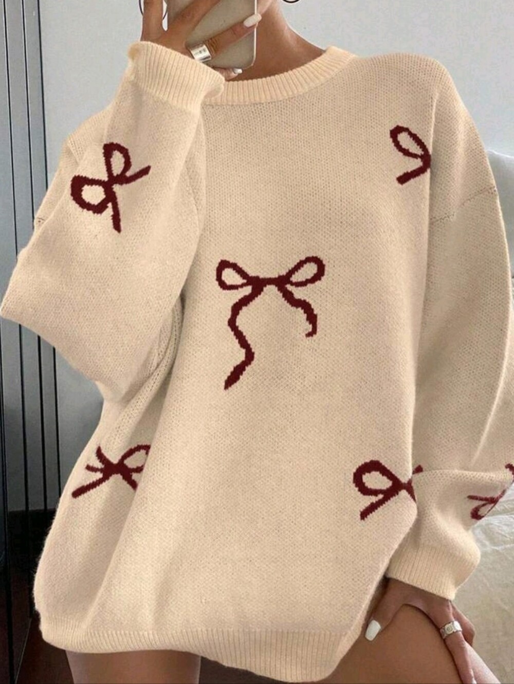 Women's Loose Fit Crew Neck Bow Pattern Long Sleeve Sweater